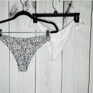 Lot of 2 Zaful White and Animal Print Bikini Bottom Sz 4 Hi Cut Cheeky Swim